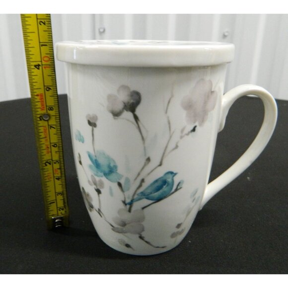 Novel Korea Ceramic Tea Infuser Mugs Lids & Strainers Floral Bird Design Set  2 - Picture 9 of 16